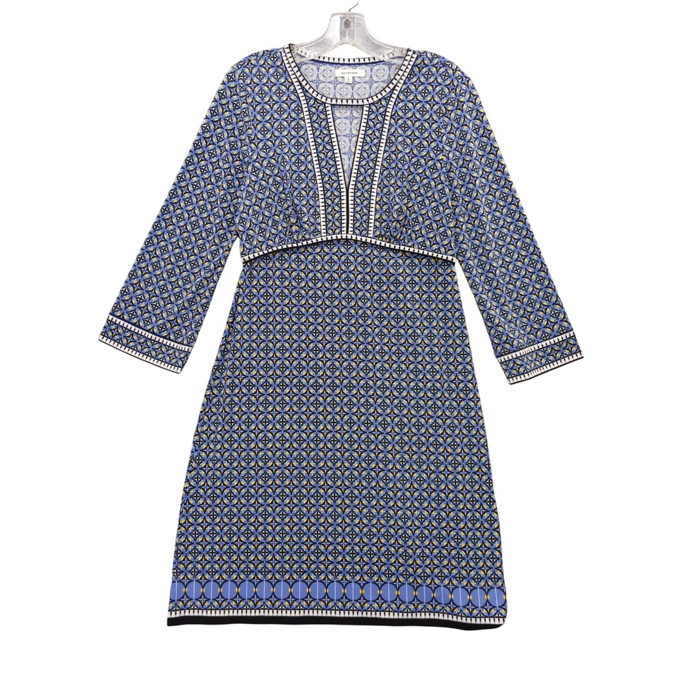 Max Studio‎ Dress Blue Geometric Print 3/4 Sleeve Knee Length Sz S